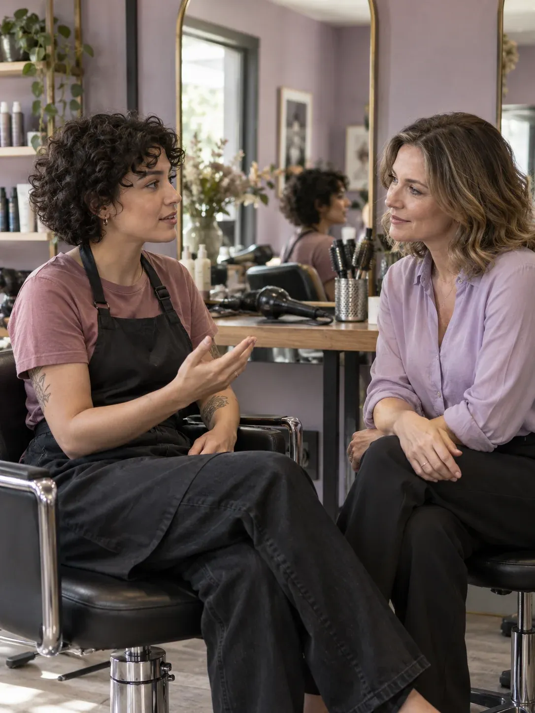 Salon manager listening to a stylist during a supportive check-in at her station